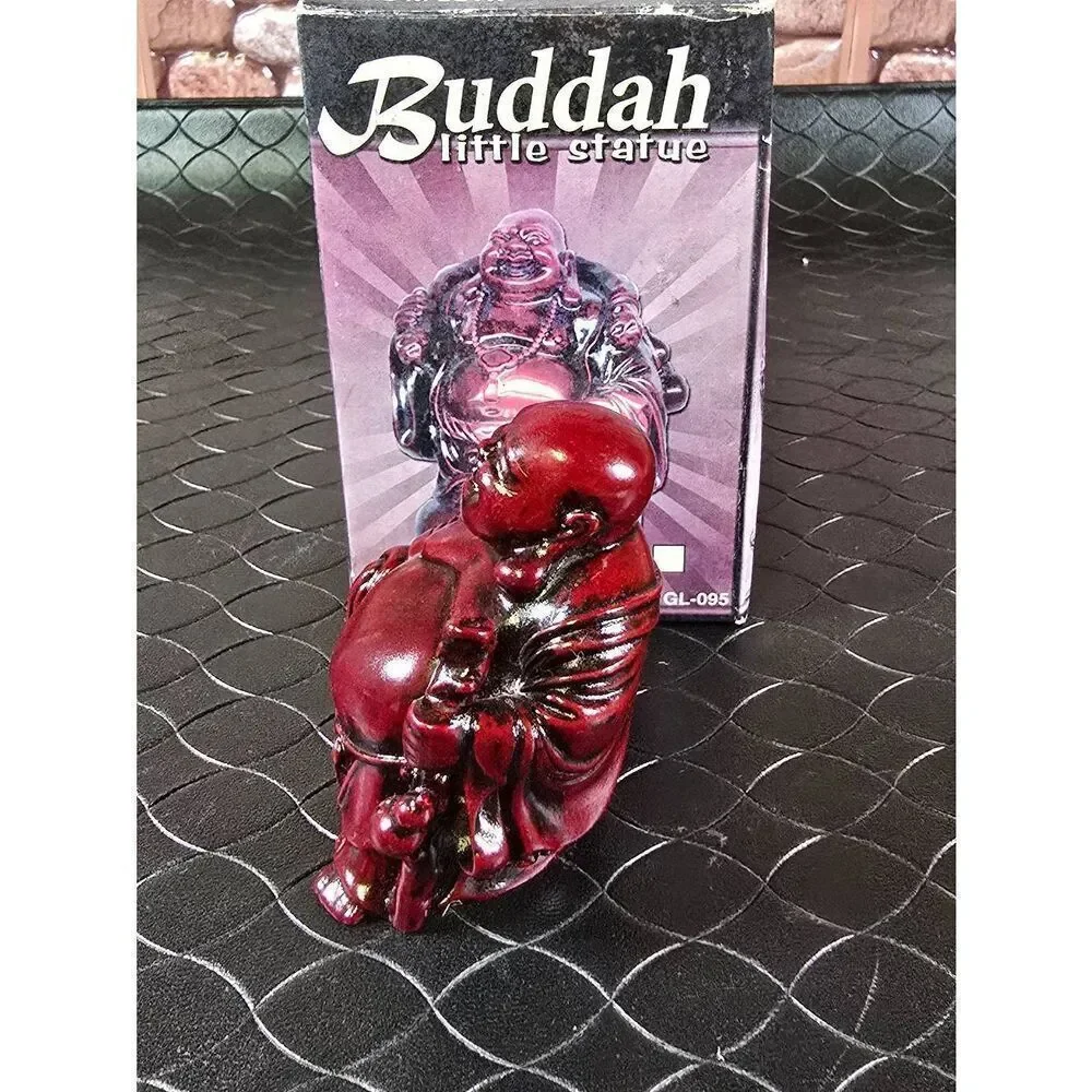 Red Resin Laughing Buddha Luck Happy Figurines Vintage 2.5